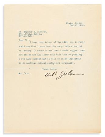 (MUSICIANS.) Group of 7 letters Signed by 20th-century musicians, including mostly TLsS: Al Jolson * Moss Hart * Eugene Ormandy * Carri